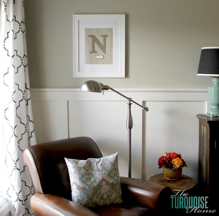 DIY Framed Burlap Monogram and Reading Corner | TheTurquoiseHome.com #DIY