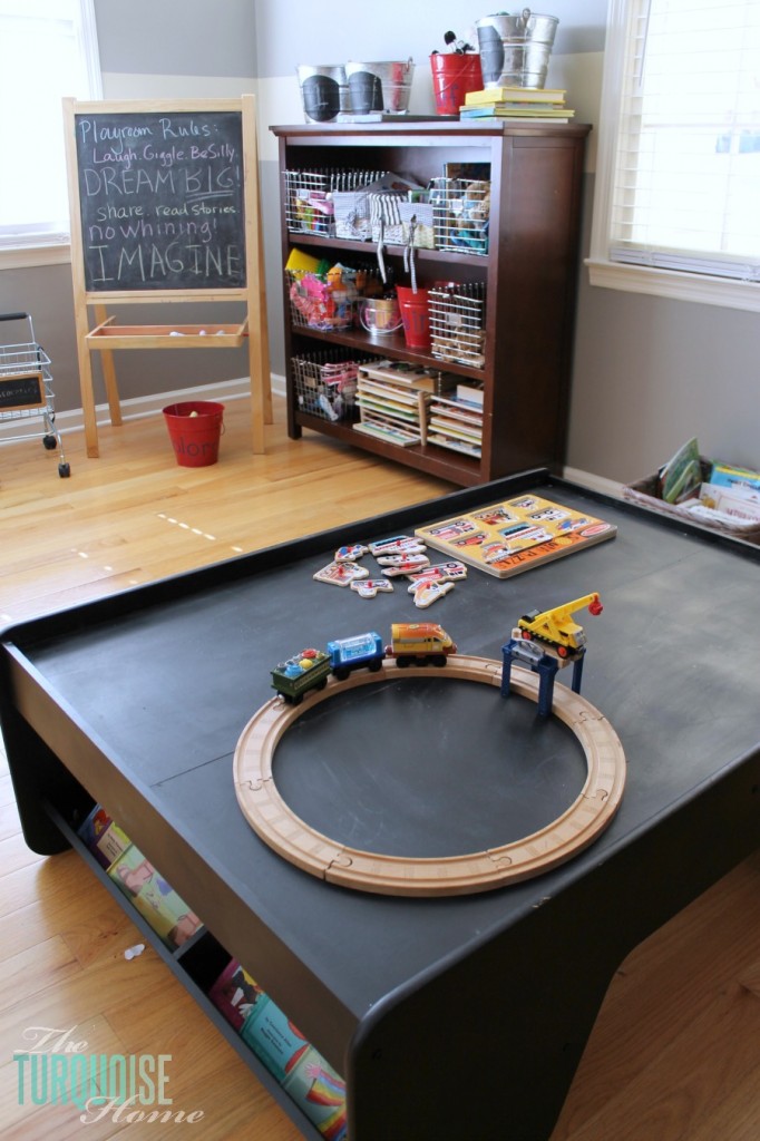 Formal Dining Room to Functional Play Room | TheTurquoiseHome.com