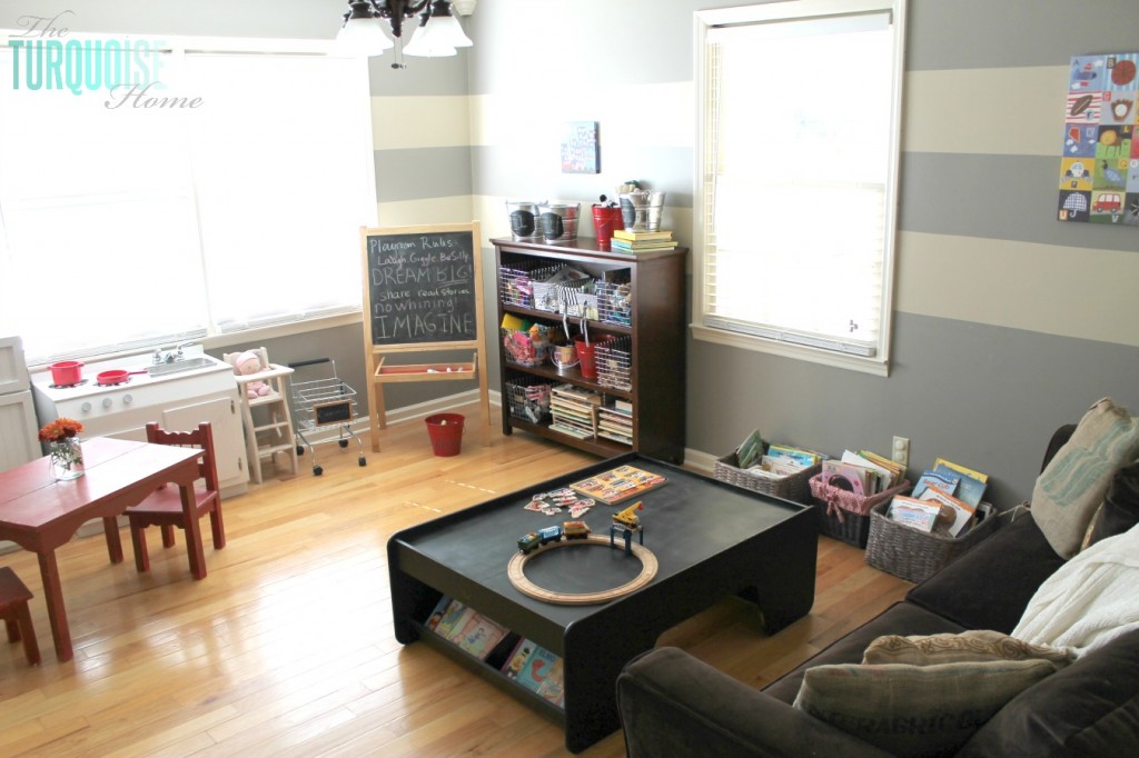 Formal Dining Room to Functional Play Room | TheTurquoiseHome.com
