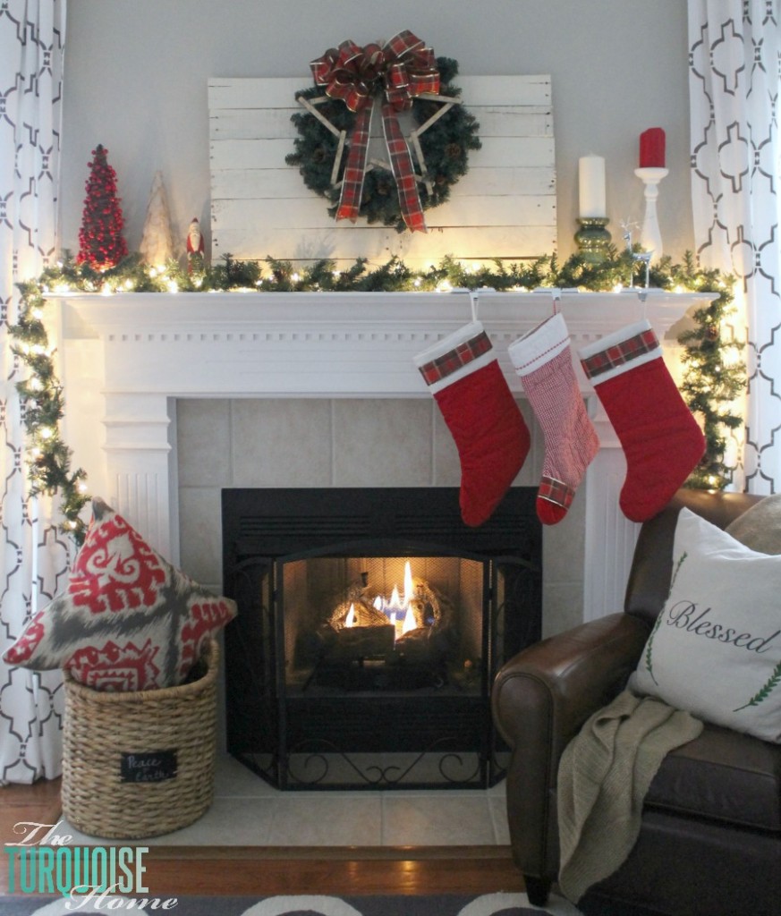 Traditional Red and Green Christmas Mantel. Find out all the details at TheTurquoiseHome.com