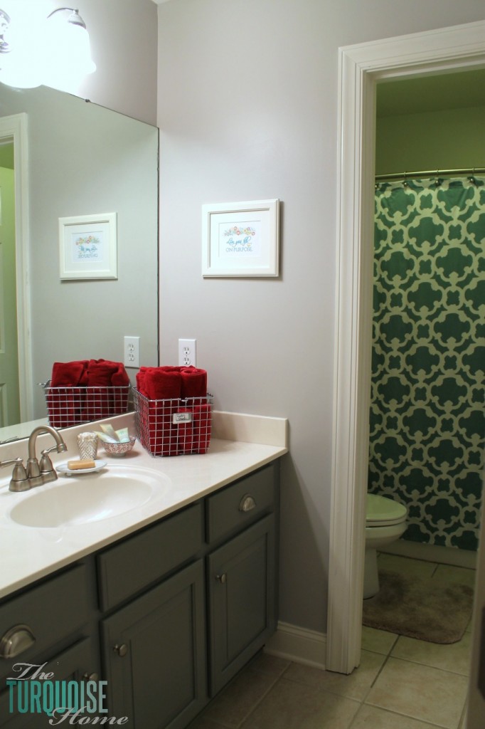 Traditional-Americana Guest Bathroom Update: painted walls, cabinets, new hardware and a punch of color!