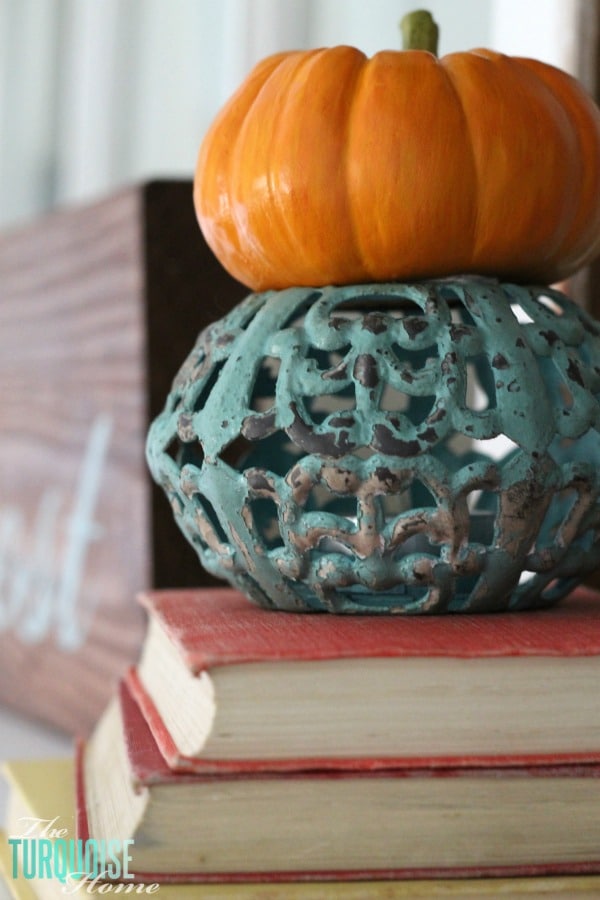 Turquoise and Orange Fall Harvest Mantel | TheTurquoiseHome.com
