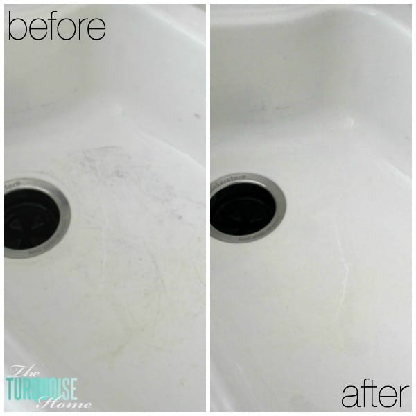 Before I found this all-natural DIY soft scrub, my husband thought my kitchen sink was an off-white color. But since discovering this amazing cleaning product (made with only 3 ingredients), I've cleaned my sink every day. It's whiter than when I used bleach on it! Get the recipe via TheTurquoiseHome.com
