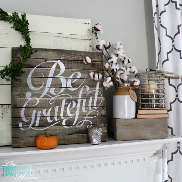 Plaids, neutrals and a few pops of autumnal color bring this message of gratitude home. I love the sweet reminder to be grateful this season - and always! | Grateful Fall Mantel | Details at TheTurquoiseHome.com
