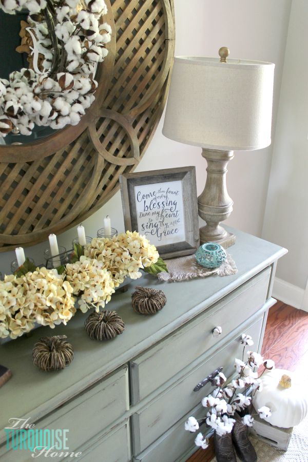 The temps are cooling down and it's time to break out the sweaters and the boots. Love this neutral fall vignette! (and a Come Thou Fount free printable) | Details and Printable at TheTurquoiseHome.com