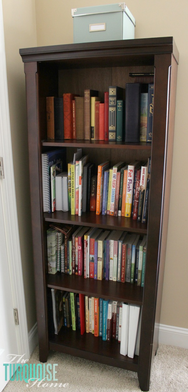 Tidy Bookshelf after using the KonMari Method of decluttering. These are all the books in my home except for cookbooks and my kids' books. | TheTurquoiseHome.com