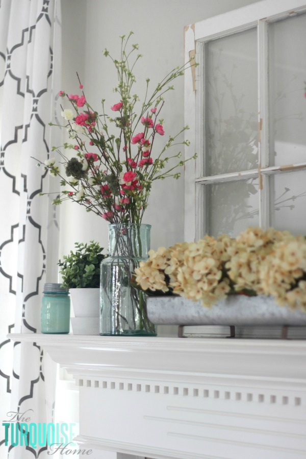 Farmhouse Fresh Spring Mantel | All the details to get this look at TheTurquoiseHome.com