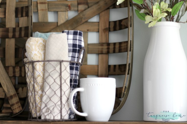 LOVE these tips for styling shelves. These $40 DIY shelves were transformed with some old and new farmhouse decor. | TheTurquoiseHome.com