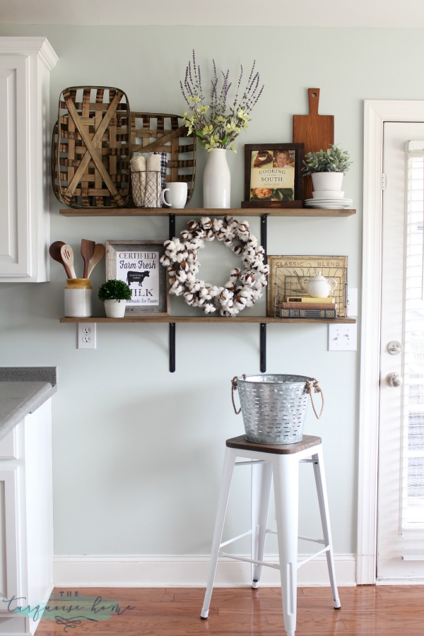 LOVE these tips for styling shelves. These $40 DIY shelves were transformed with some old and new farmhouse decor. | TheTurquoiseHome.com