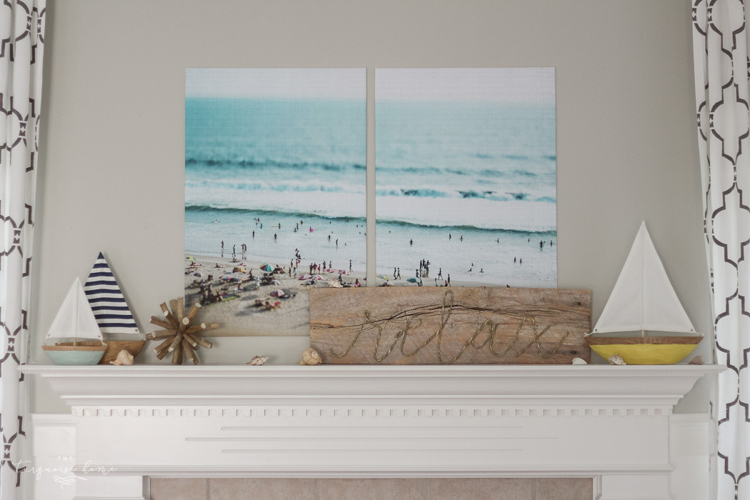 Such cute DIY projects, like the rope sign and the cheap large art! Relaxing at the Beach | Summer Mantel 2016