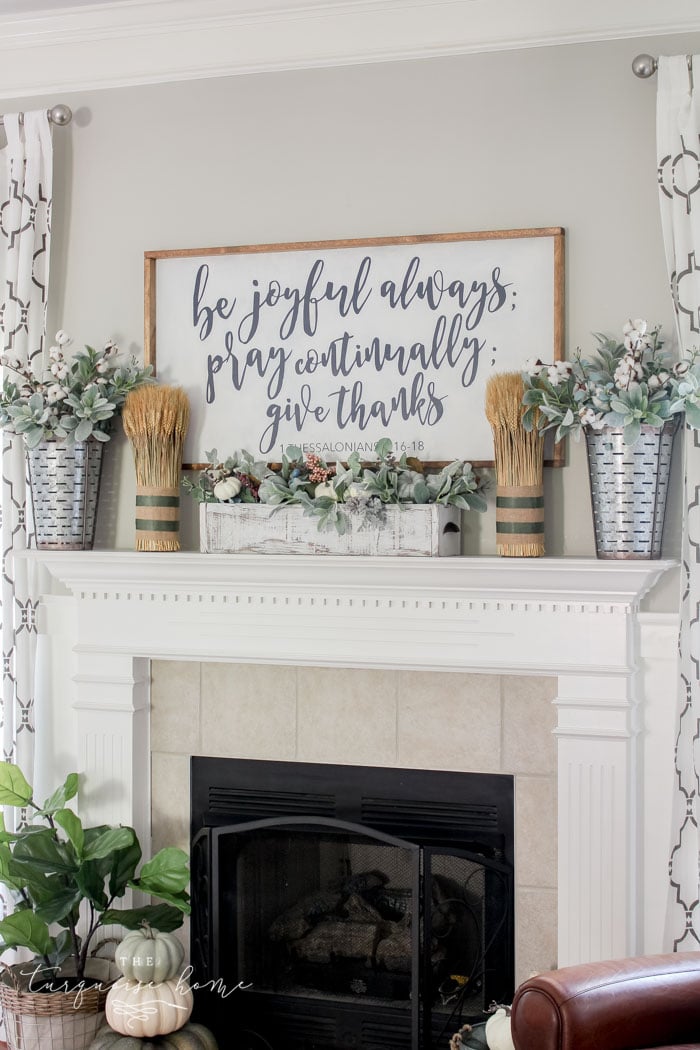 Fall Farmhouse Mantel with Galvanized Metal Olive Buckets - click for more fall inspiration!! | 11 Ways to Add Fall to Your Home