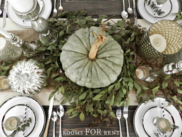 Mercury Glass and Eucalyptus Tablescape from Rooms for Rent Blog. Click to see more fall inspiration! | 11 Ways to Add Fall to Your Home