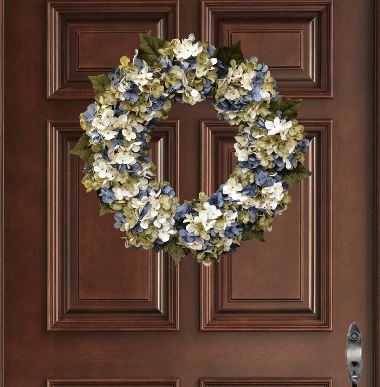 blue, green and white hydrangea wreath