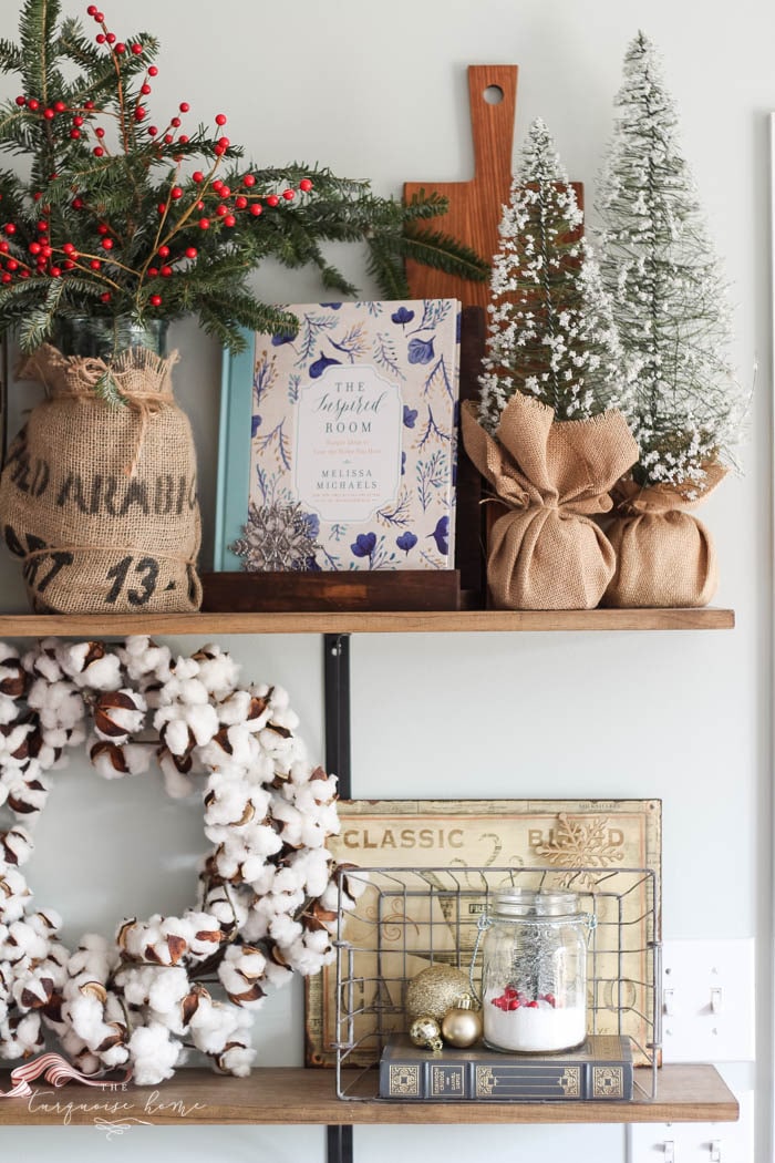 Gorgeous farmhouse shelves all decorated for Christmas and Kitchen Decor with DIY Christmas Kitchen Wreaths!
