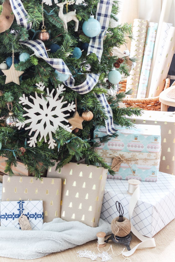 Christmas Tree in Navy and Turquoise with Buffalo Check Ribbon