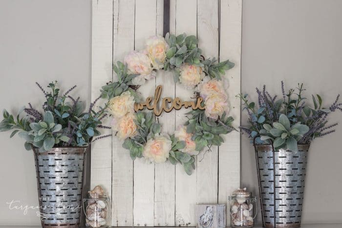 A Lamb's Ear Wreath with peonies and a welcome sign! Perfect for any farmhouse decor!