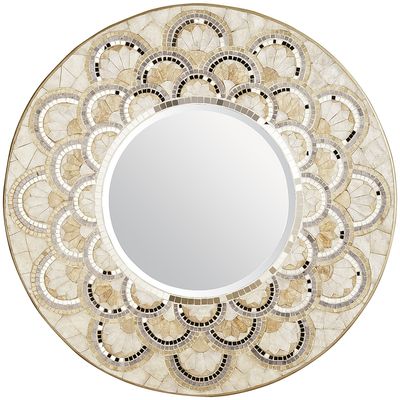 Capiz and Mirrored Tile Mirror from Pier 1 | This was the only mirror that's not wood, but I couldn't pass it up! Such a show stopper!! | 10 Large Round Mirrors We Love