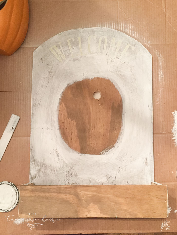 Paint the candy holder with chalk paint except for where the pumpkin will go and the very front of the box!
