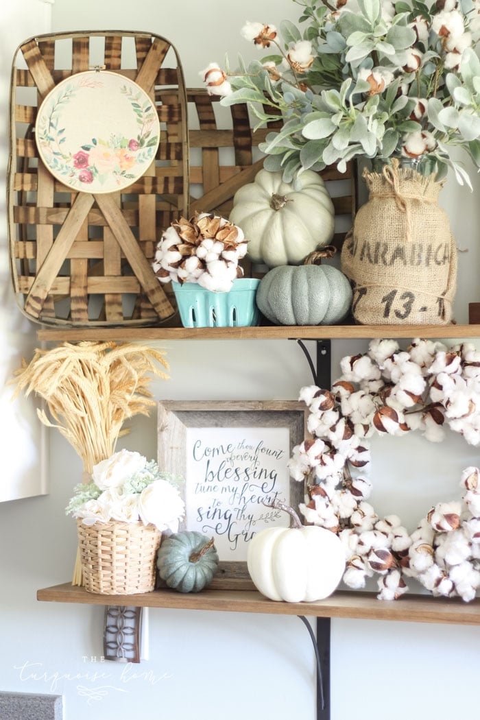 LOVE that embroidery hoop art! Adorable Fall farmhouse shelves in the kitchen ...