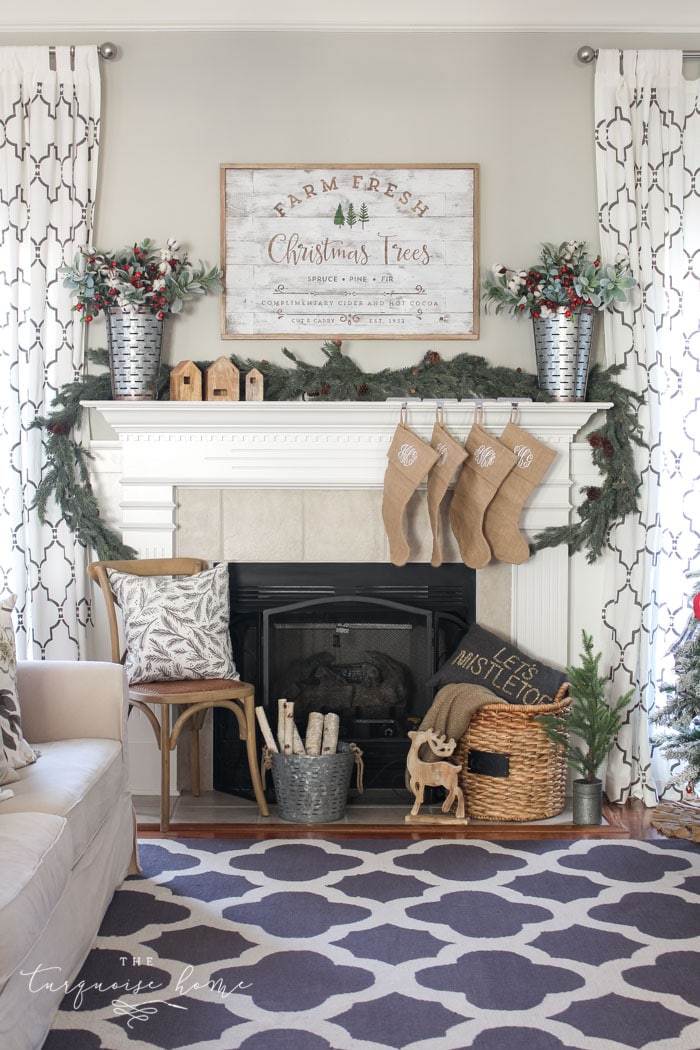 A Farm Fresh Christmas Trees Mantel. Rustic, farmhouse Christmas decor.