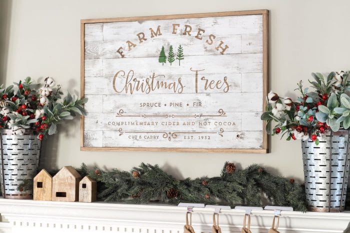 A Farm Fresh Christmas Trees Mantel. Rustic, farmhouse Christmas decor.