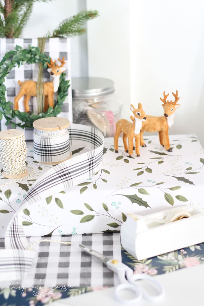 Christmas ribbon at a wrapping station