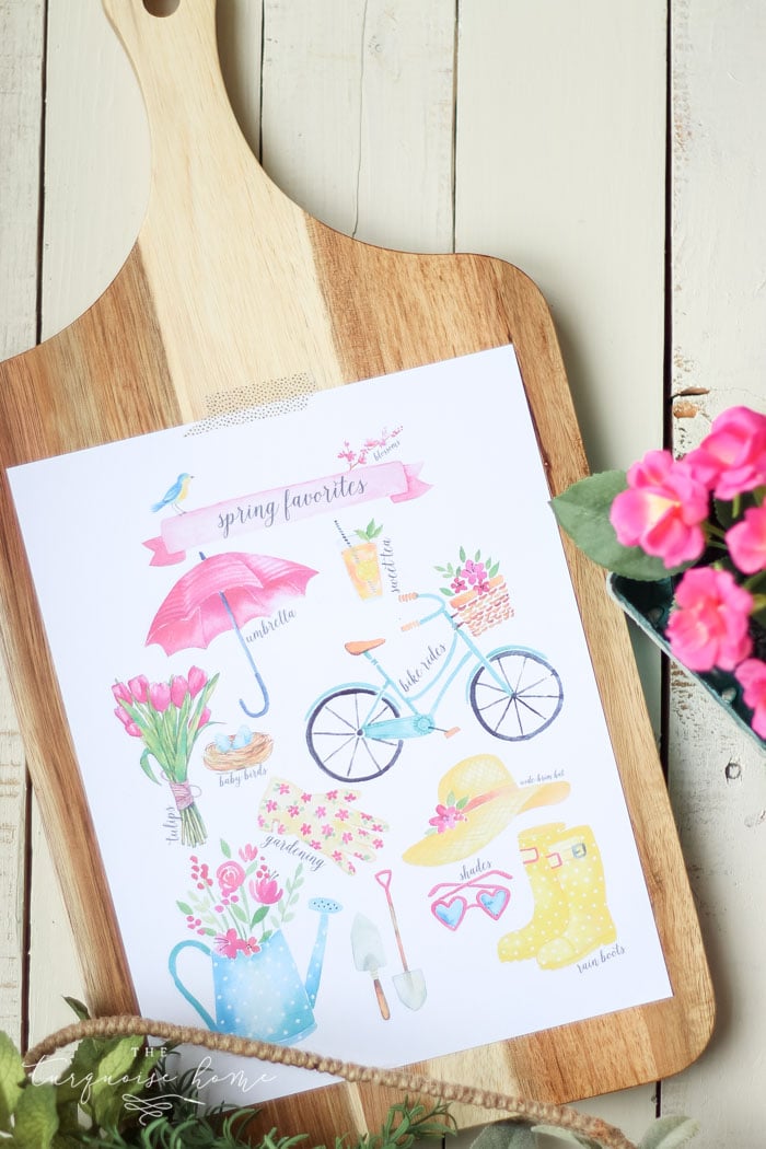 Download this Spring Favorites Free Printable with birds, blooms, and rainboots. And gather inspiration from a fresh, flowery spring vignette.