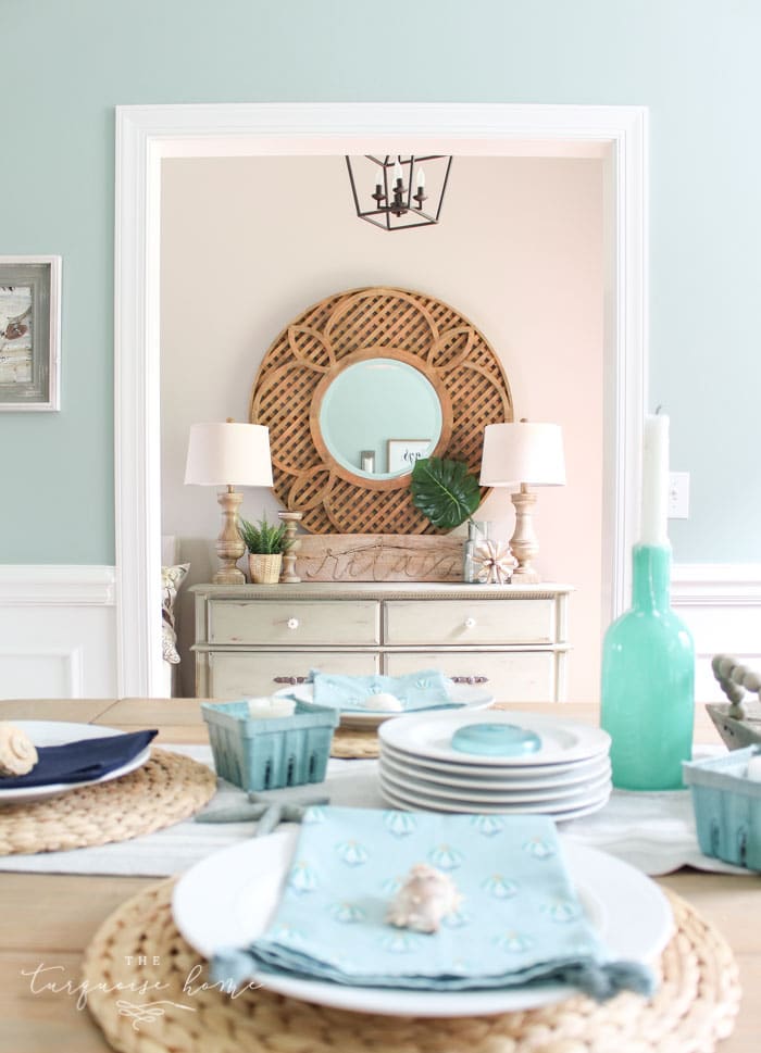 Dining room makeover with Wythe Blue painted walls and coastal accents.