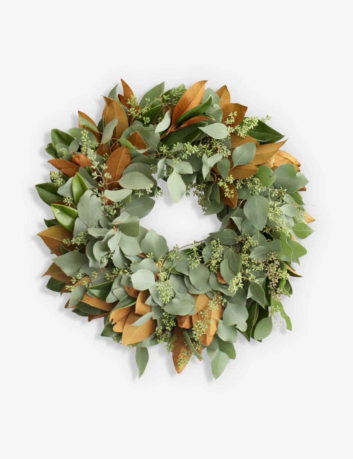 magnolia and seeded eucalyptus wreath