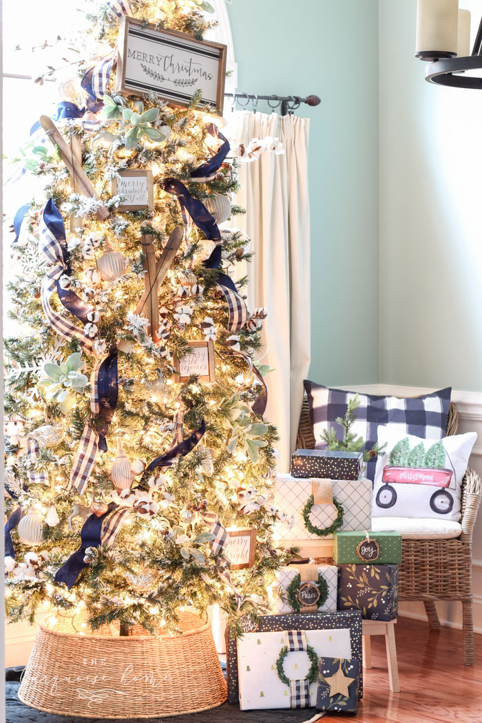 A Navy and Green Farmhouse Christmas Tree