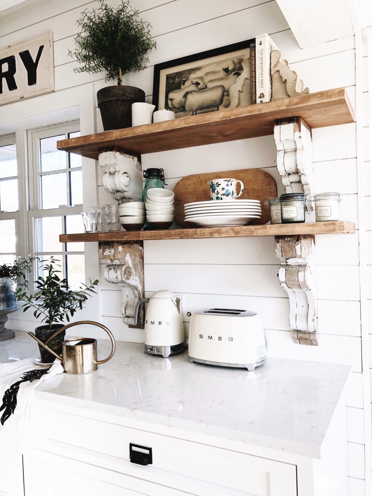 open shelves with gorgeous vintage corbels