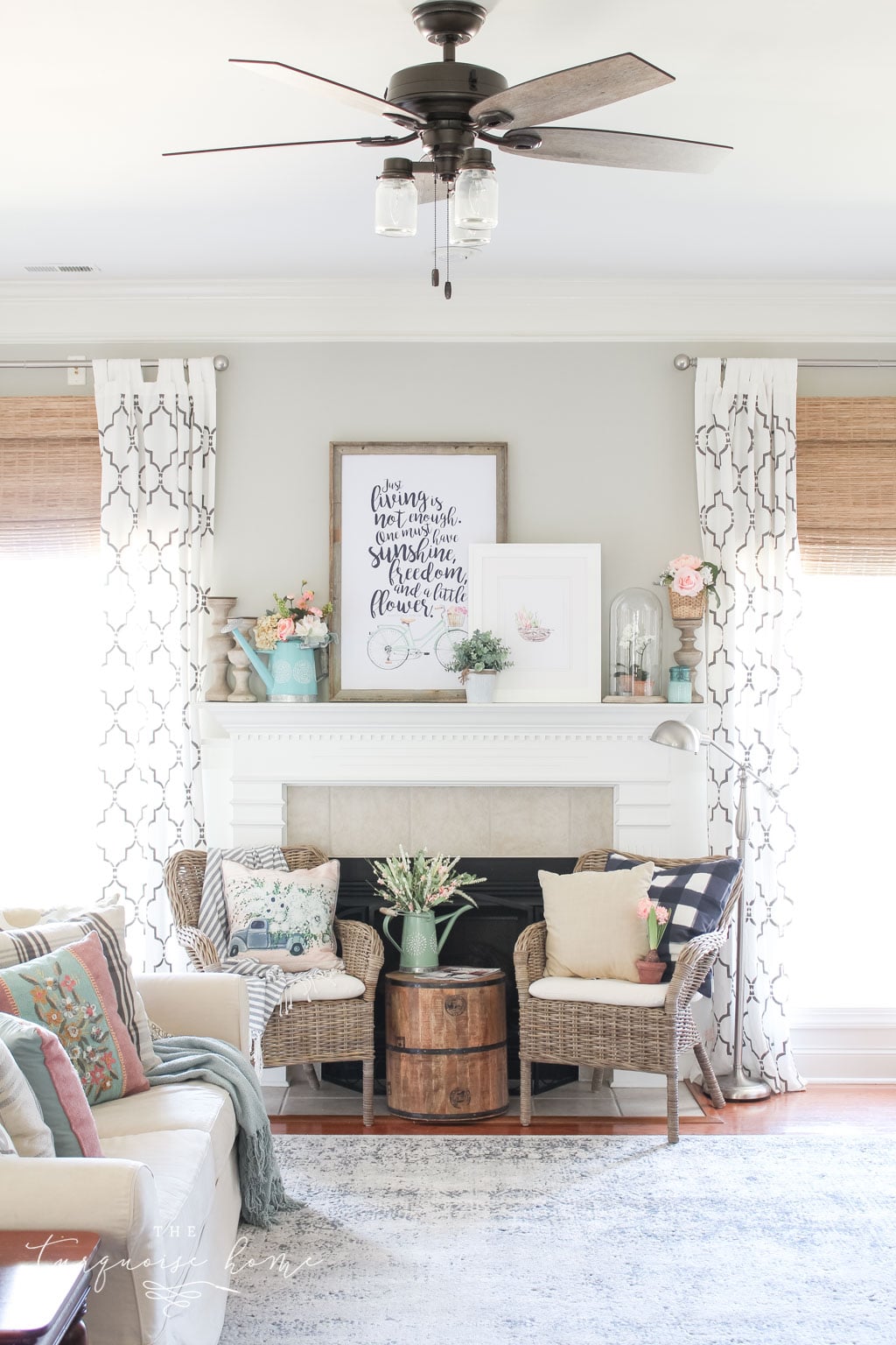 Flower Shop Spring Mantel - adorable use of faux botanicals!