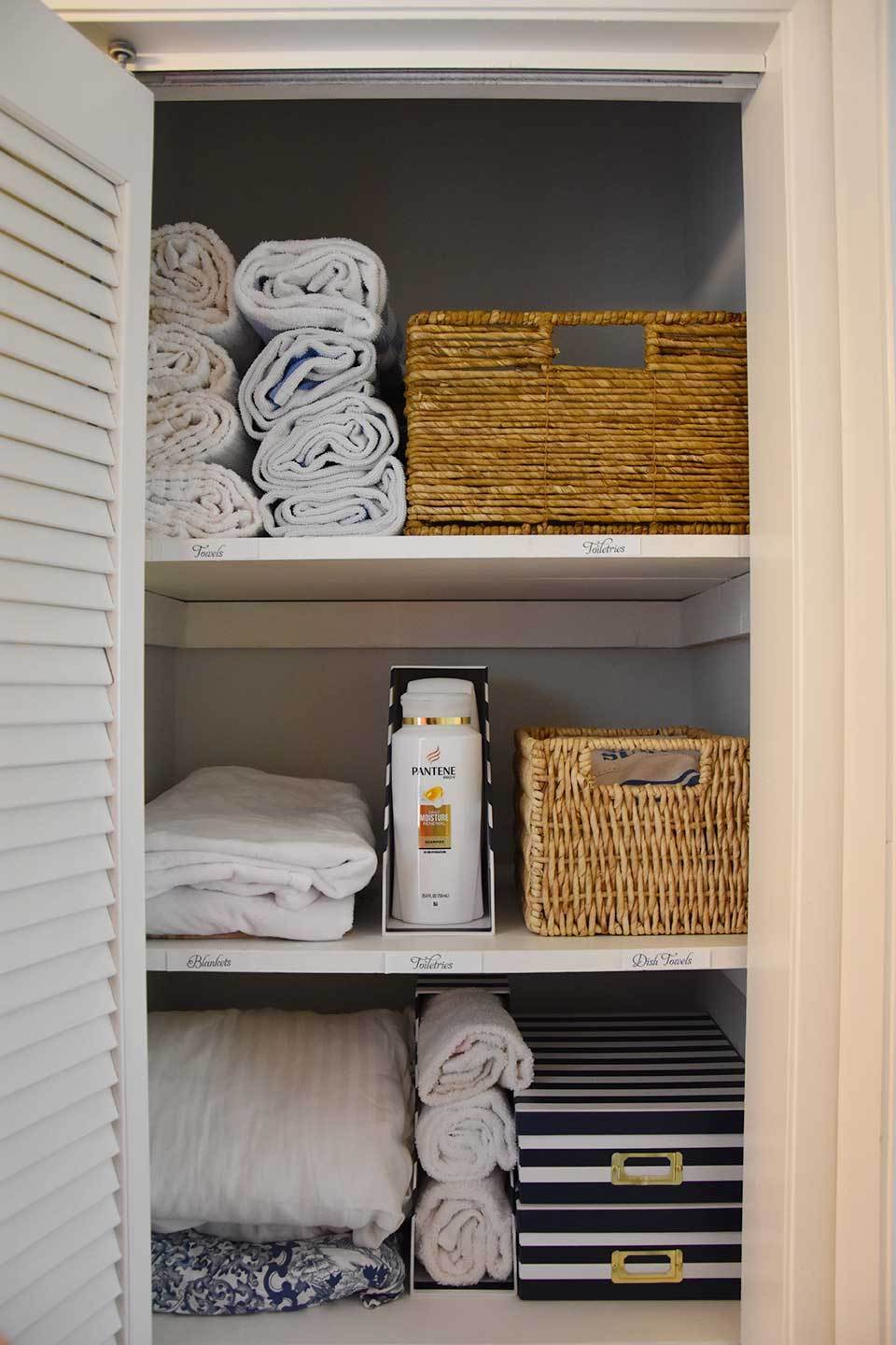 This post from Happy Family Blog is filled with tips about how to organize a linen closet. She first begins by purging all unnecessary extras, then grouping like items together. Her use of magazine holders are totally brilliant!