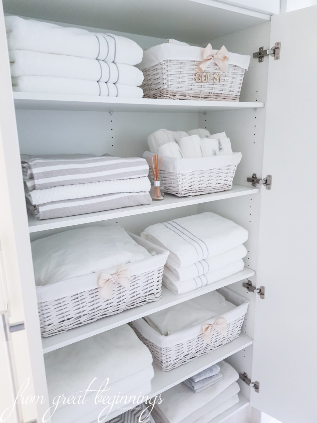 There is something about this linen closet organization project from the blog From Great Beginnings that reminds me like a spa. Grab baskets like the one she uses and put everything up neatly.