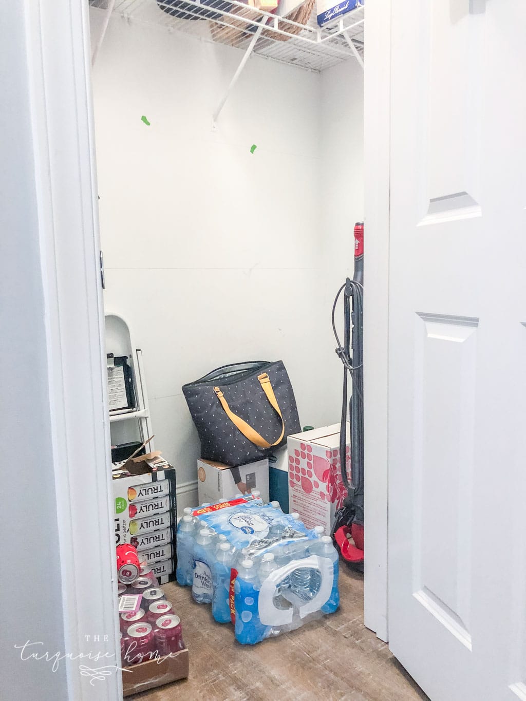 Make a pantry out of unused space in a coat closet by utilizing the vertical space.