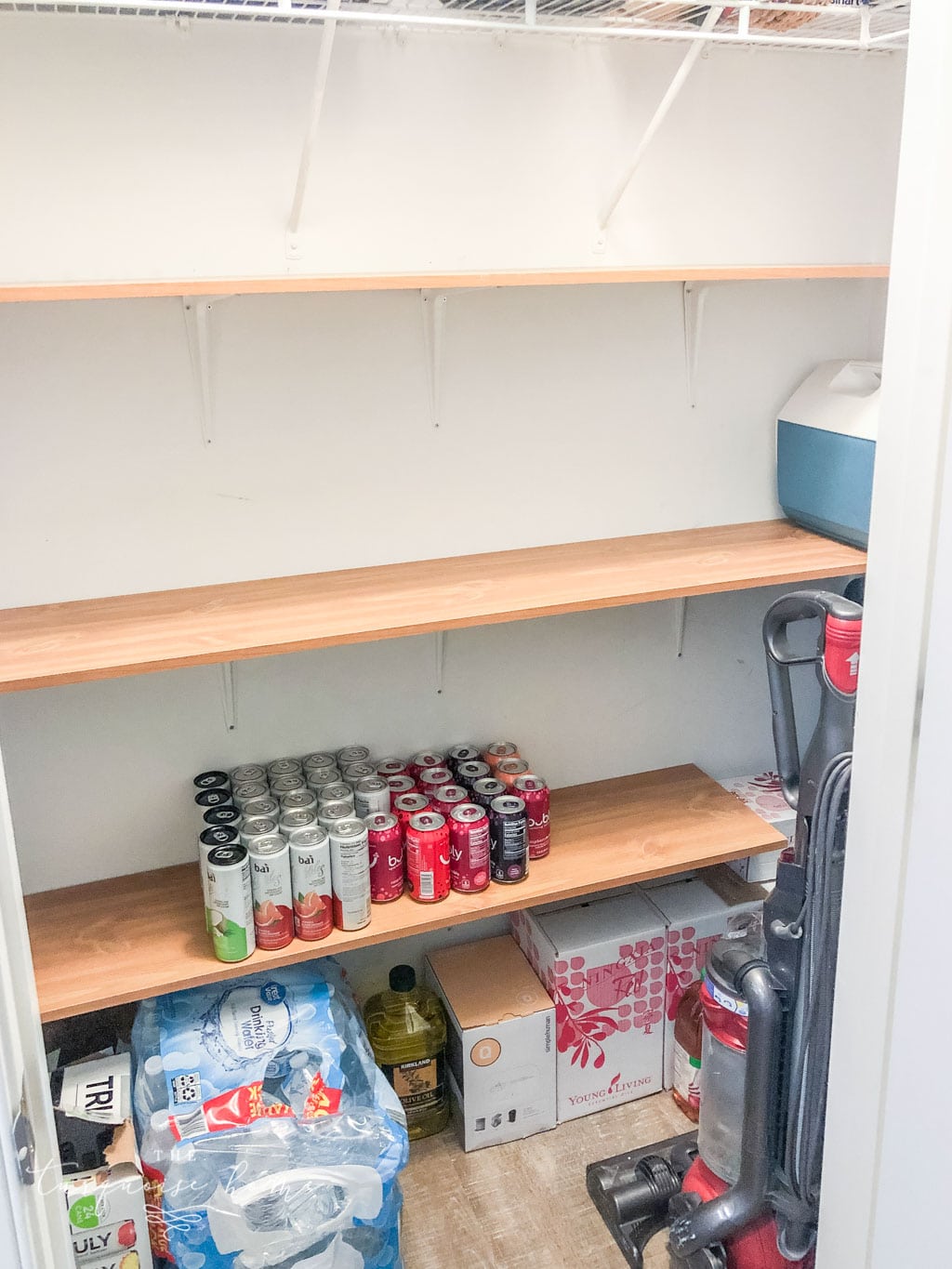 Make a pantry out of unused space in a coat closet by utilizing the vertical space.