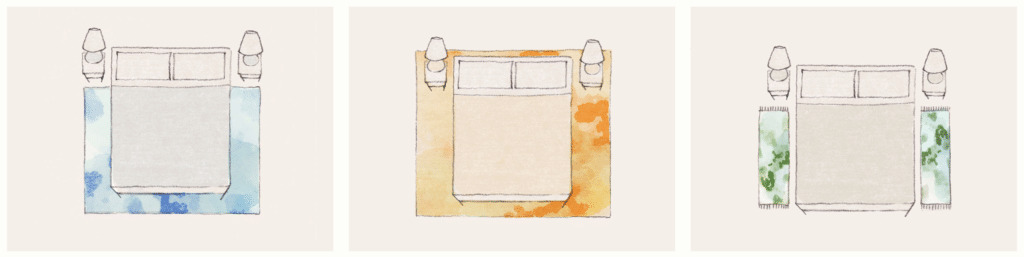 Where to place a rug under a bed. Rug placement under the bed.