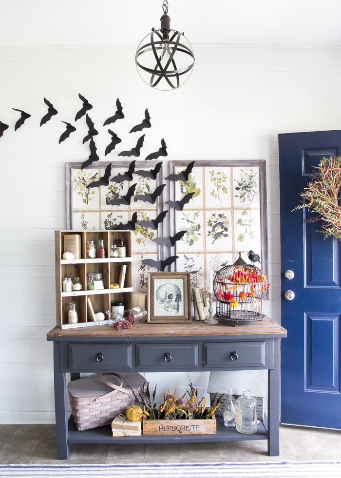 Halloween Apothecary Station with plain glass bottles and free printables!