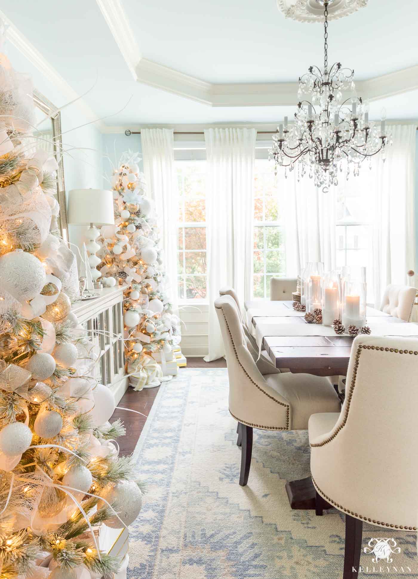 dining room dressed in winter whites by Kelley Nan.
