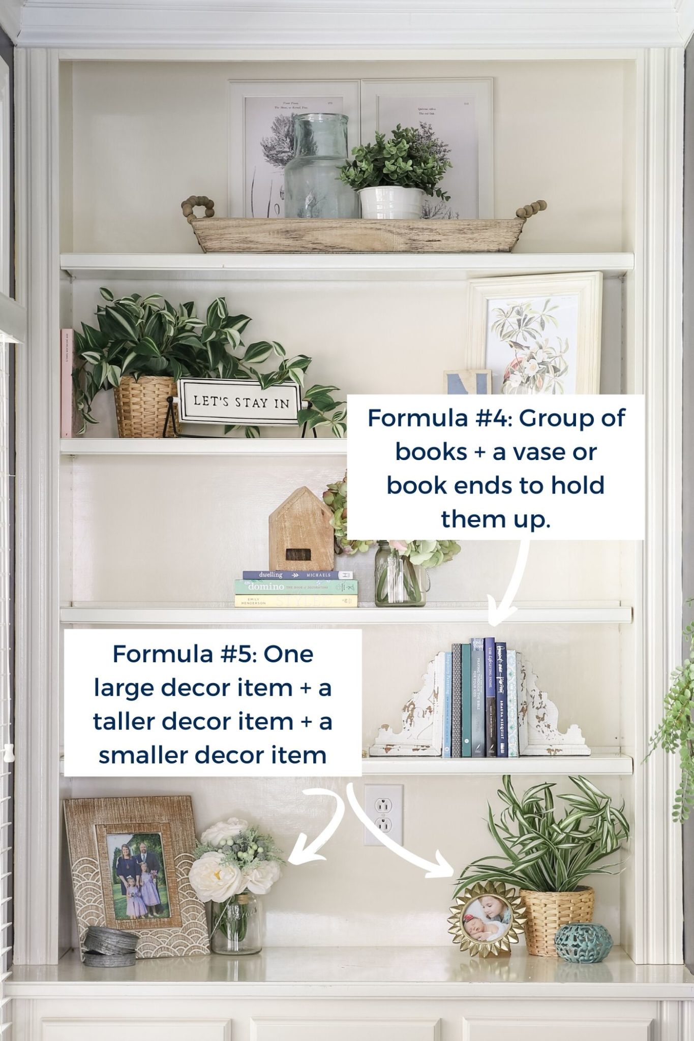 White built-in bookshelves with beautiful decor: greenery, art & books - using easy style formulas