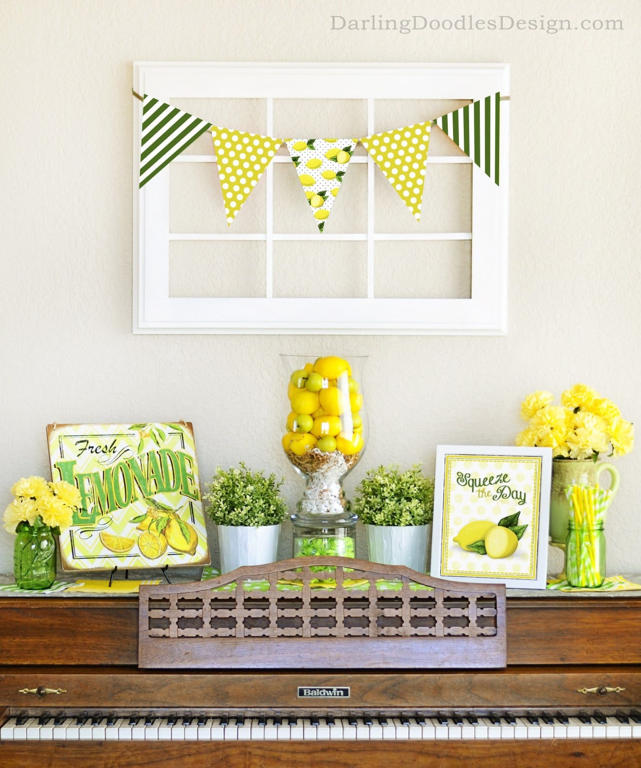 bright yellow and green lemons and sunshine mantel decor