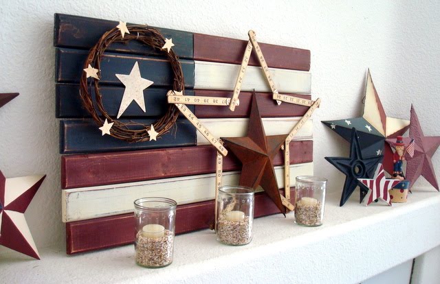 red, white, and blue farmhouse stars and stripes mantel decor