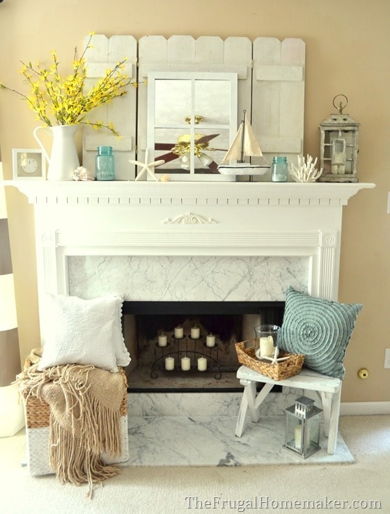blue and yellow coastal summer mantel decor