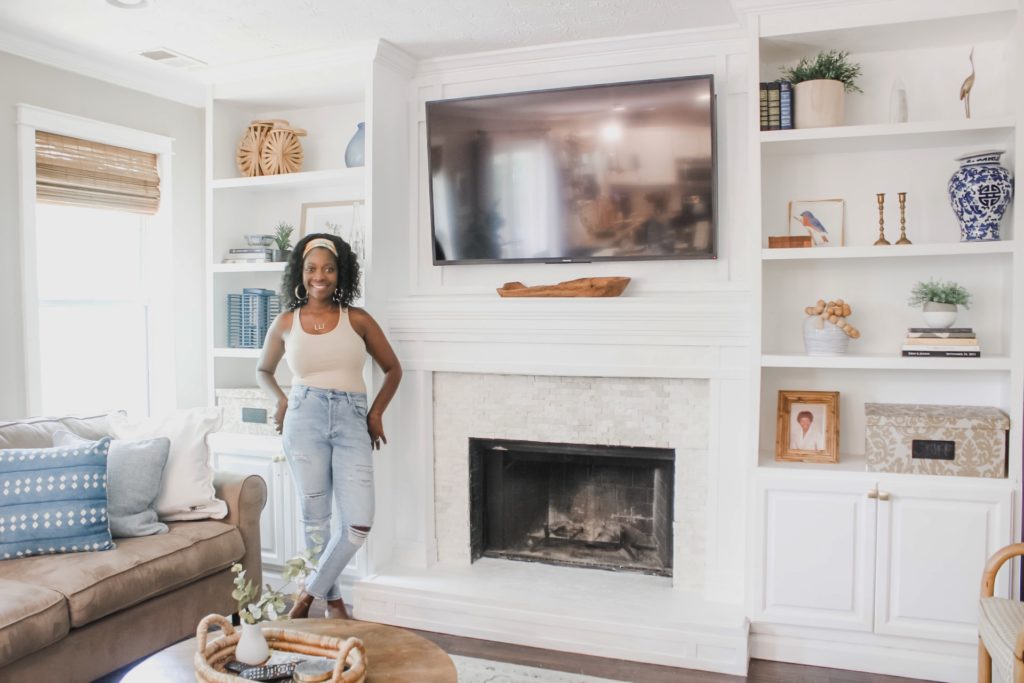 fireplace makeover with summer decorated built-ins