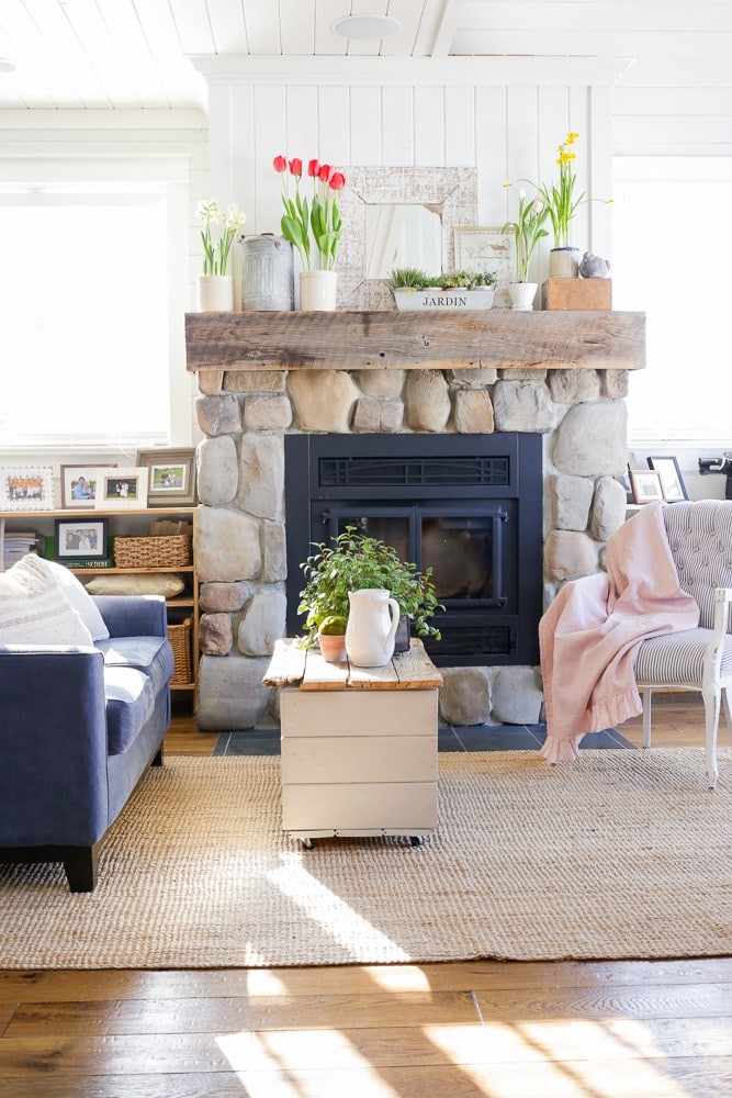Spring mantel decor with tulips and daffodils