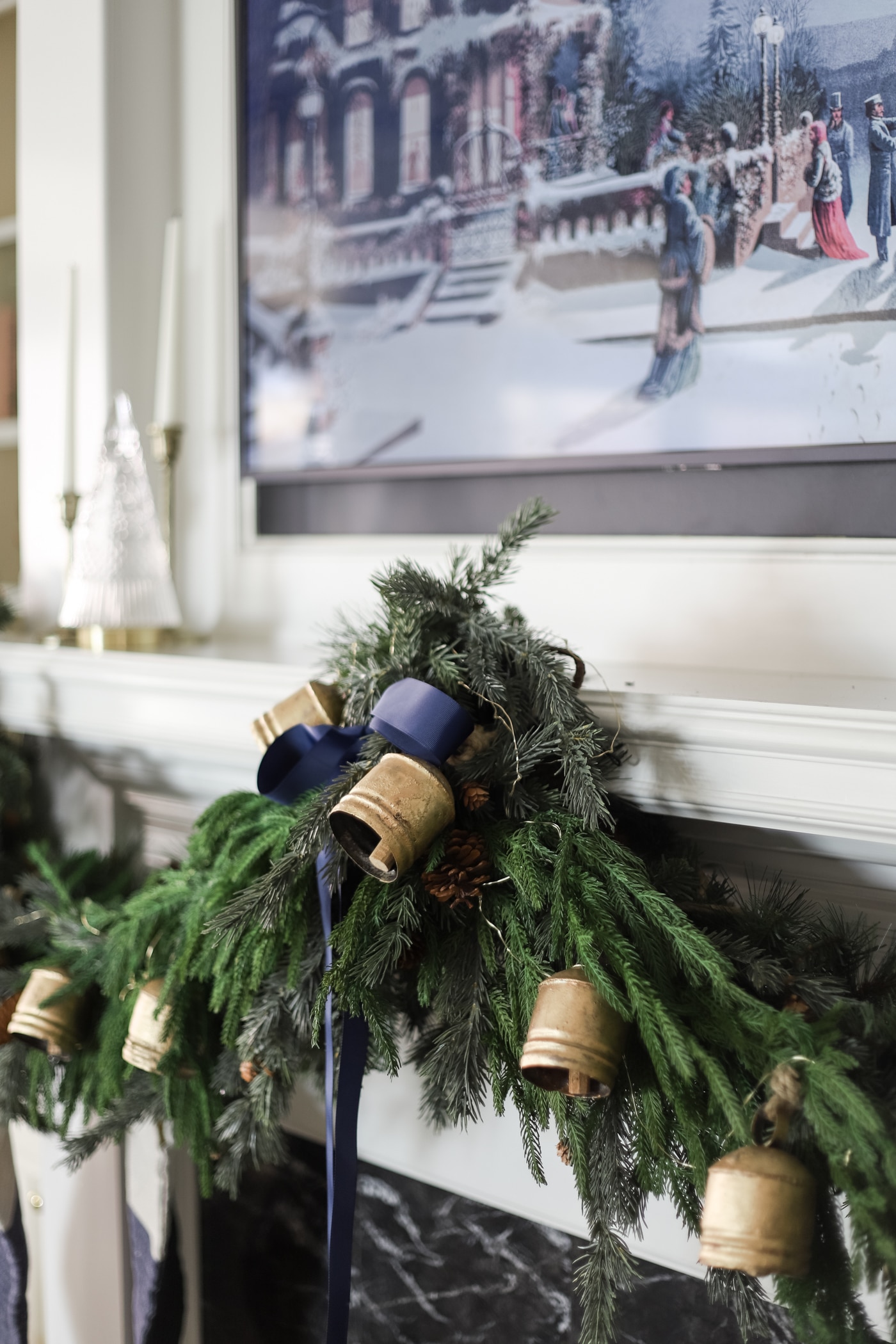 Christmas Garland with Navy Ribbon