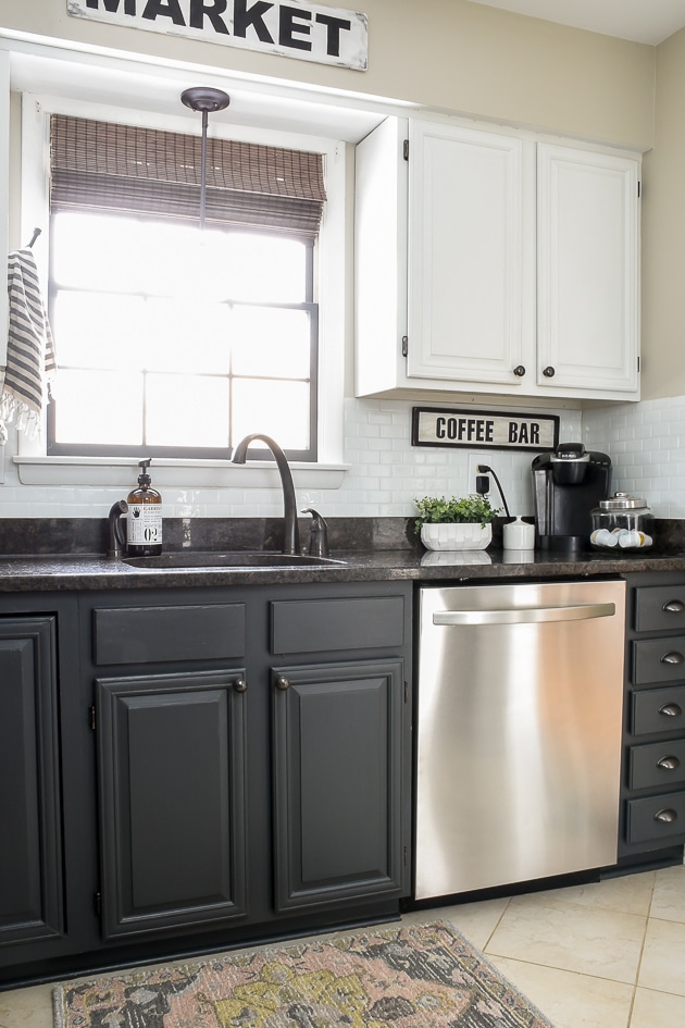 SW Iron Ore, Accessible Beige and basic white used as neutral paint colors in farmhouse style kitchen