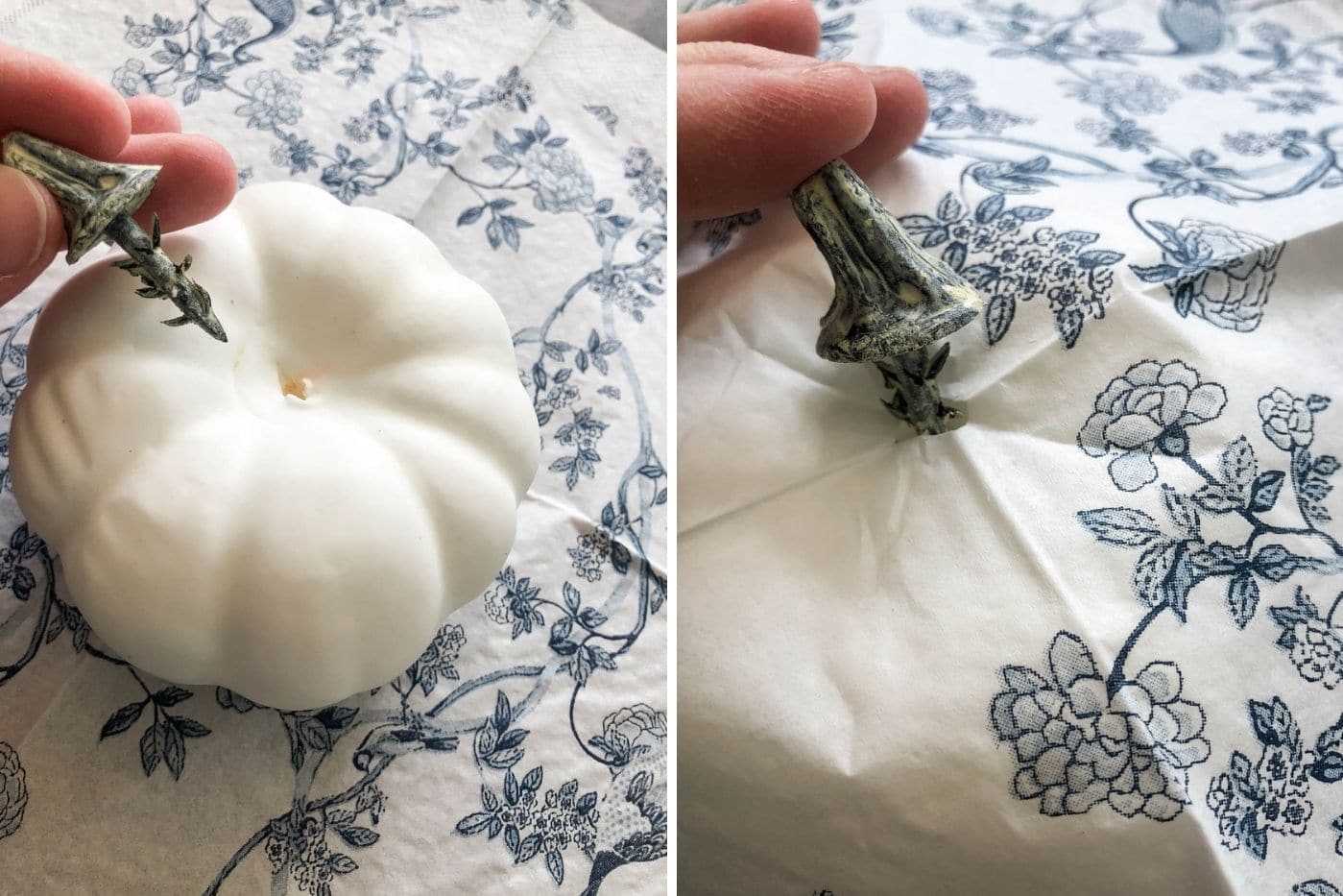 DIY Blue and White Pumpkins | Learn how to make beautiful blue and white chinoiserie pumpkins with 3 supplies and a few hours of time. It's the perfect, easy fall craft.