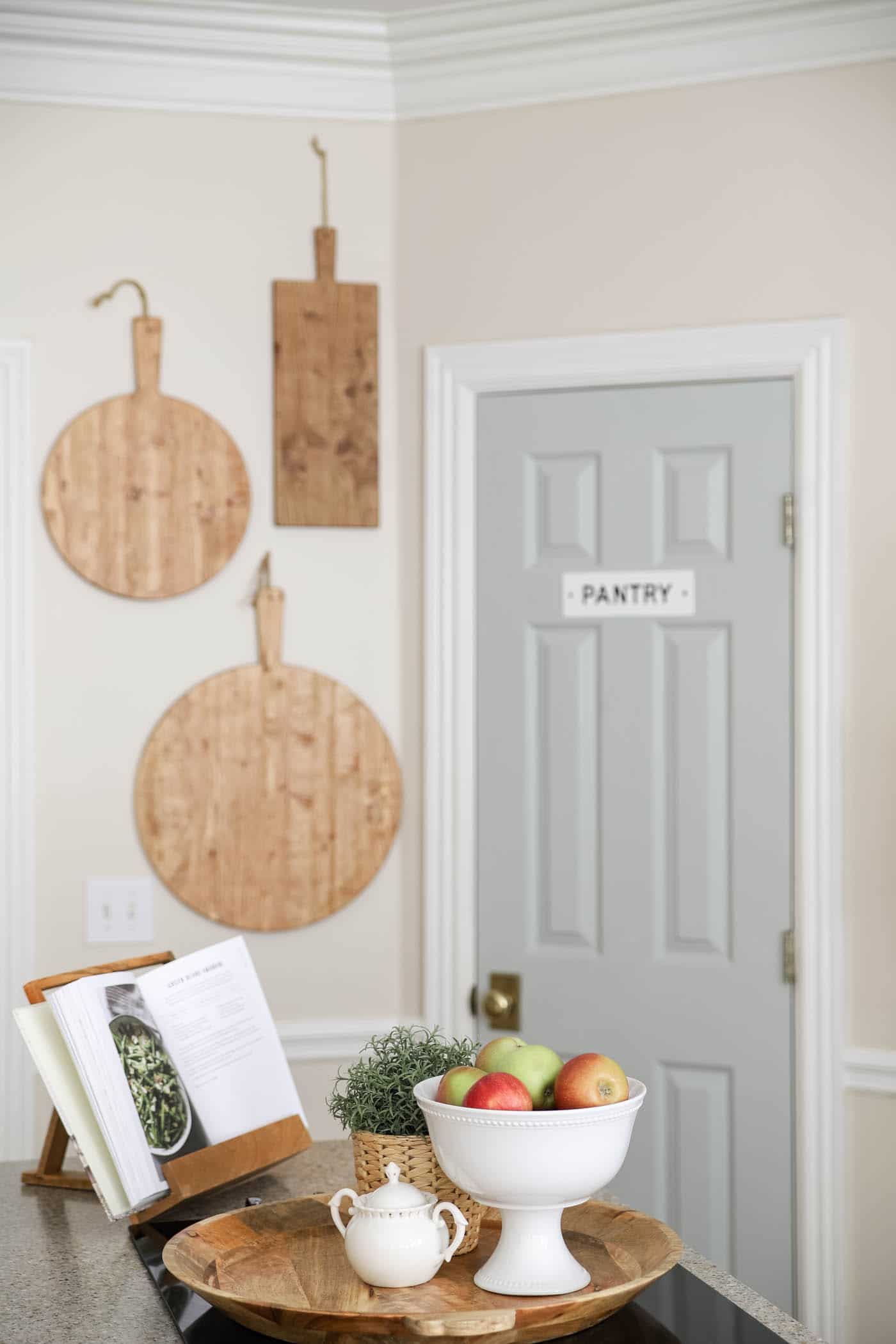 Kitchen island with blue pantry door