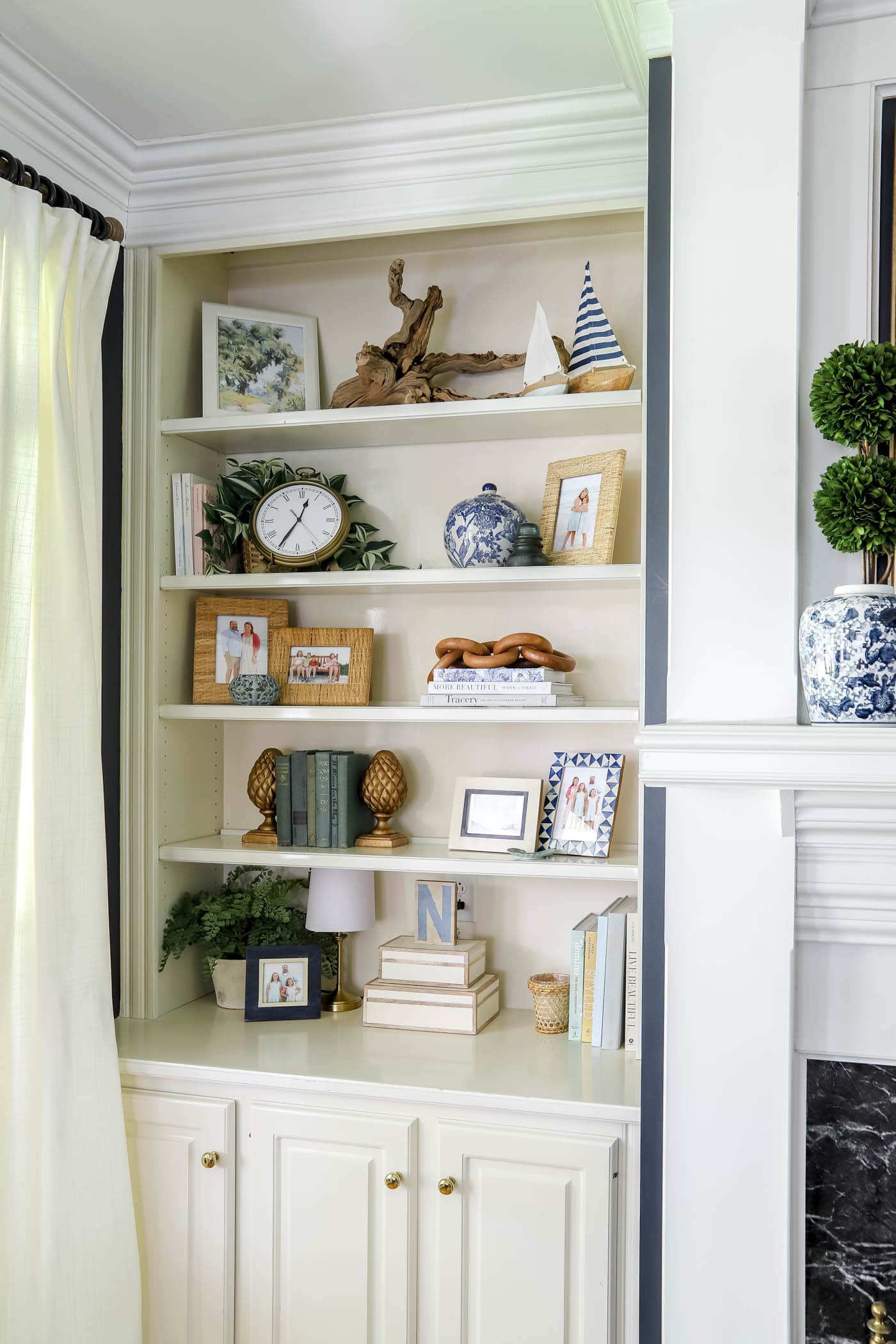 Blue and White Summer Bookshelf Decor